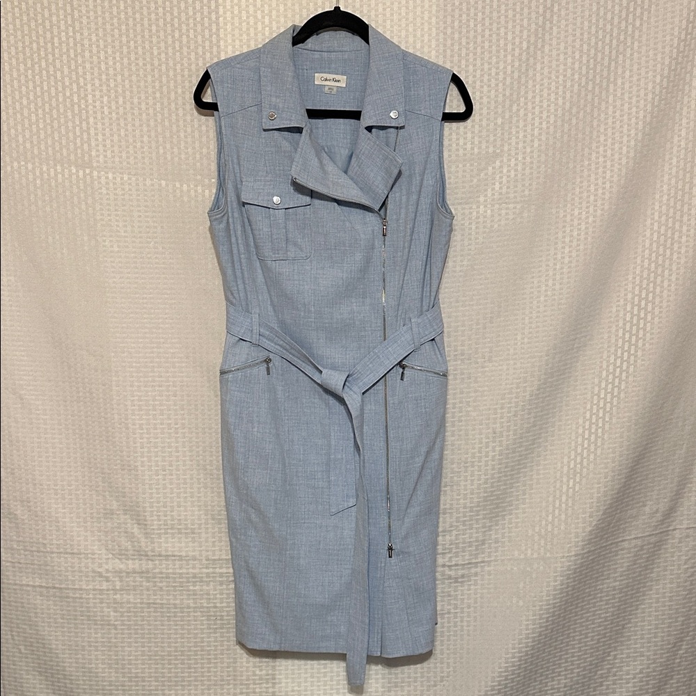 #862 Calvin Klein Light Blue Sleeveless Zip-Front Belted Midi Dress